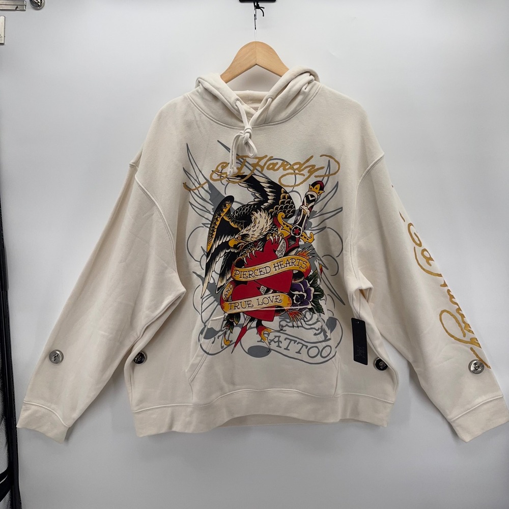 Ed Hardy Pierced Eagle Heart Tattoo Hoodie Mens XXL Cream Graphic Pullover